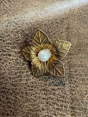 Gold Leaf Flower Brooch with Pearl Center